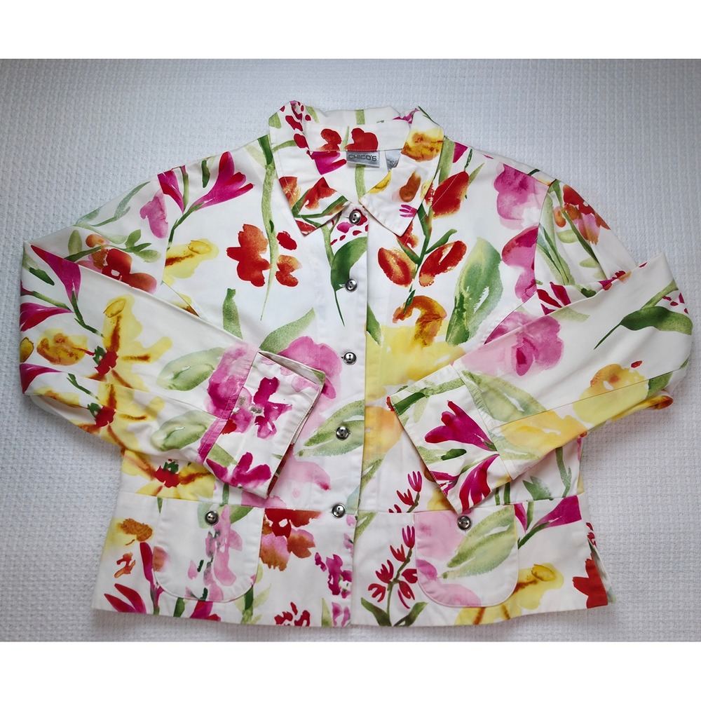 Chico's Floral Jacket Women 1 White Red Pink Yellow Watercolor Print